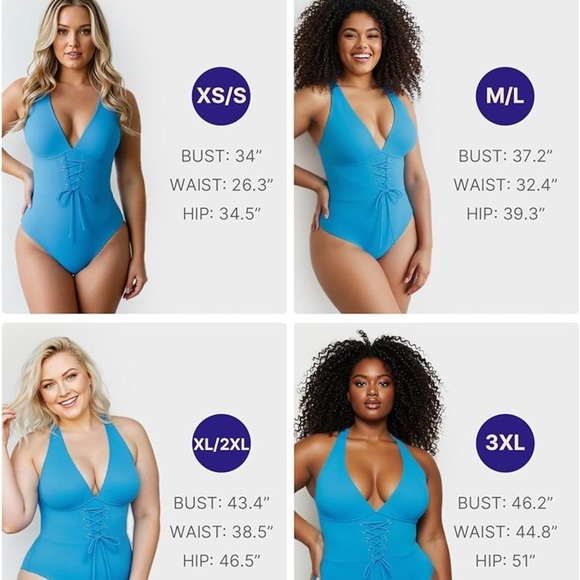 SHAPELLX Women's Slimming Swimwear Push Up V Neck Tummy Control Swim Suits Blue - Picture 6 of 9